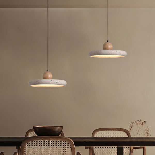 Aethell | Modern Circular Travertine Stone And Wood Pendant Light