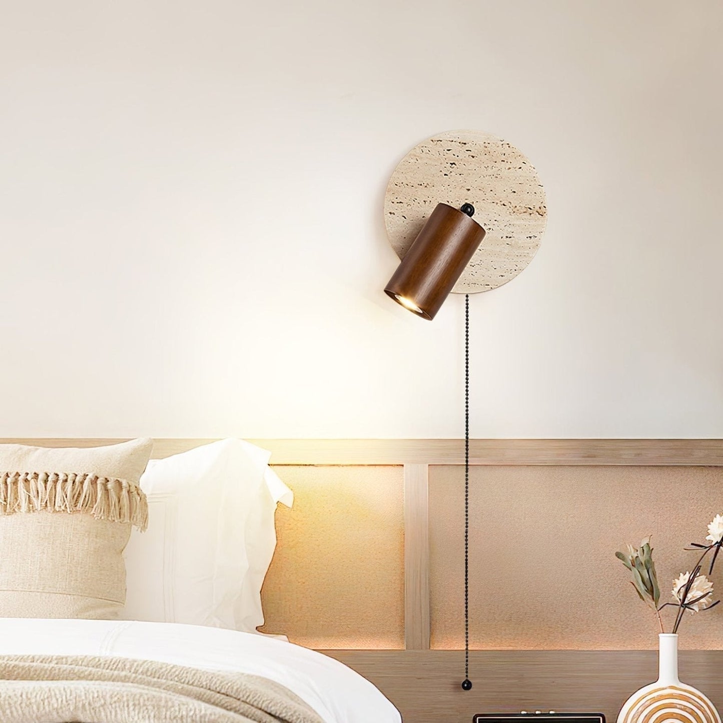 Luvidore | Sculptural Geometric Travertine Disc Swing Sconce Wall Light