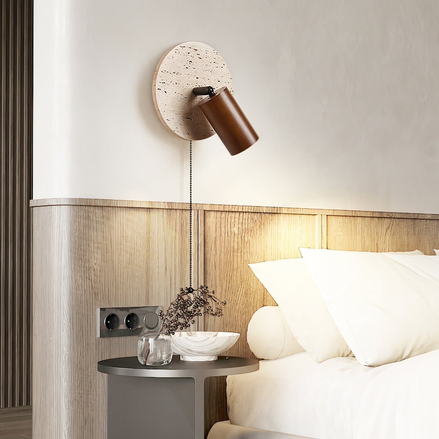Luvidore | Sculptural Geometric Travertine Disc Swing Sconce Wall Light
