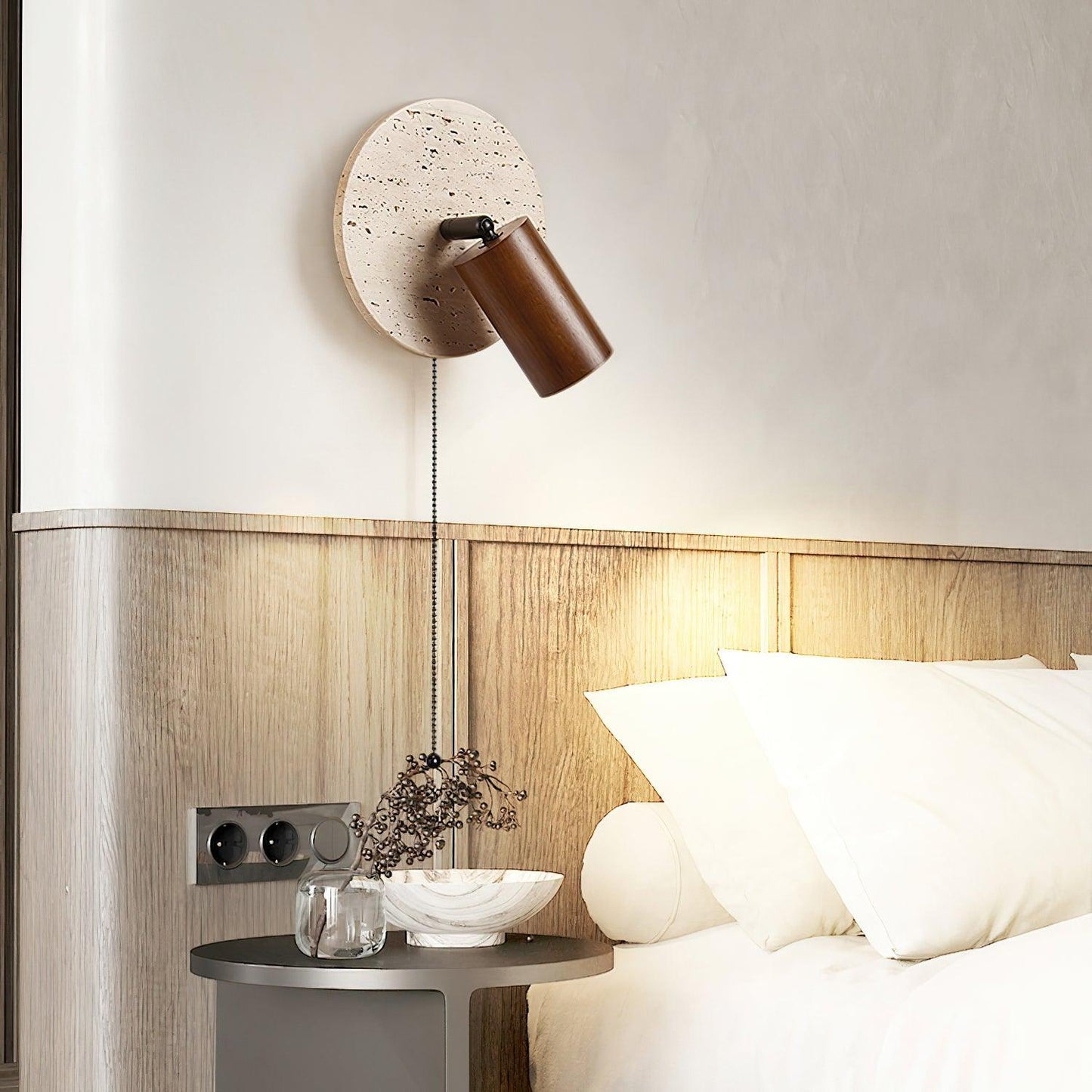 Luvidore | Sculptural Geometric Travertine Disc Swing Sconce Wall Light