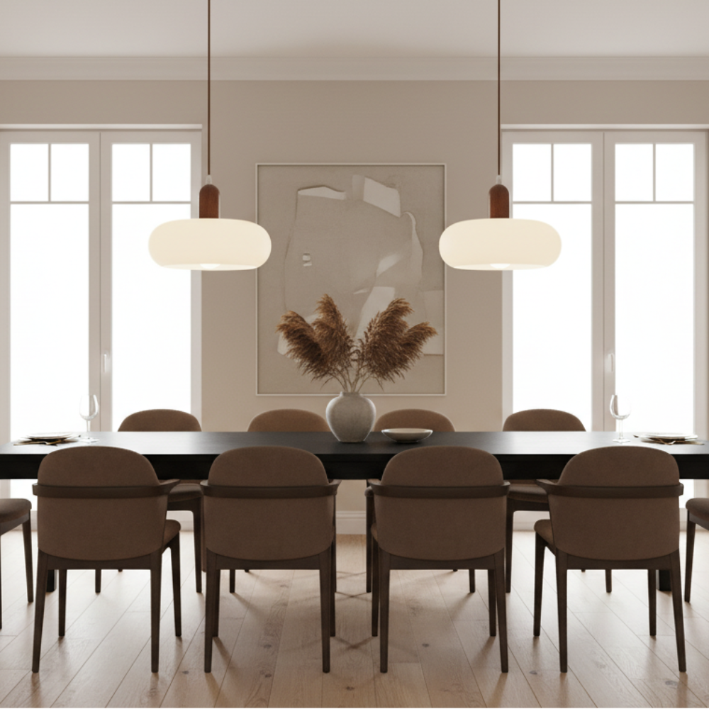 Nordica | Minimalist Cream Glass and Wood Pendant Light