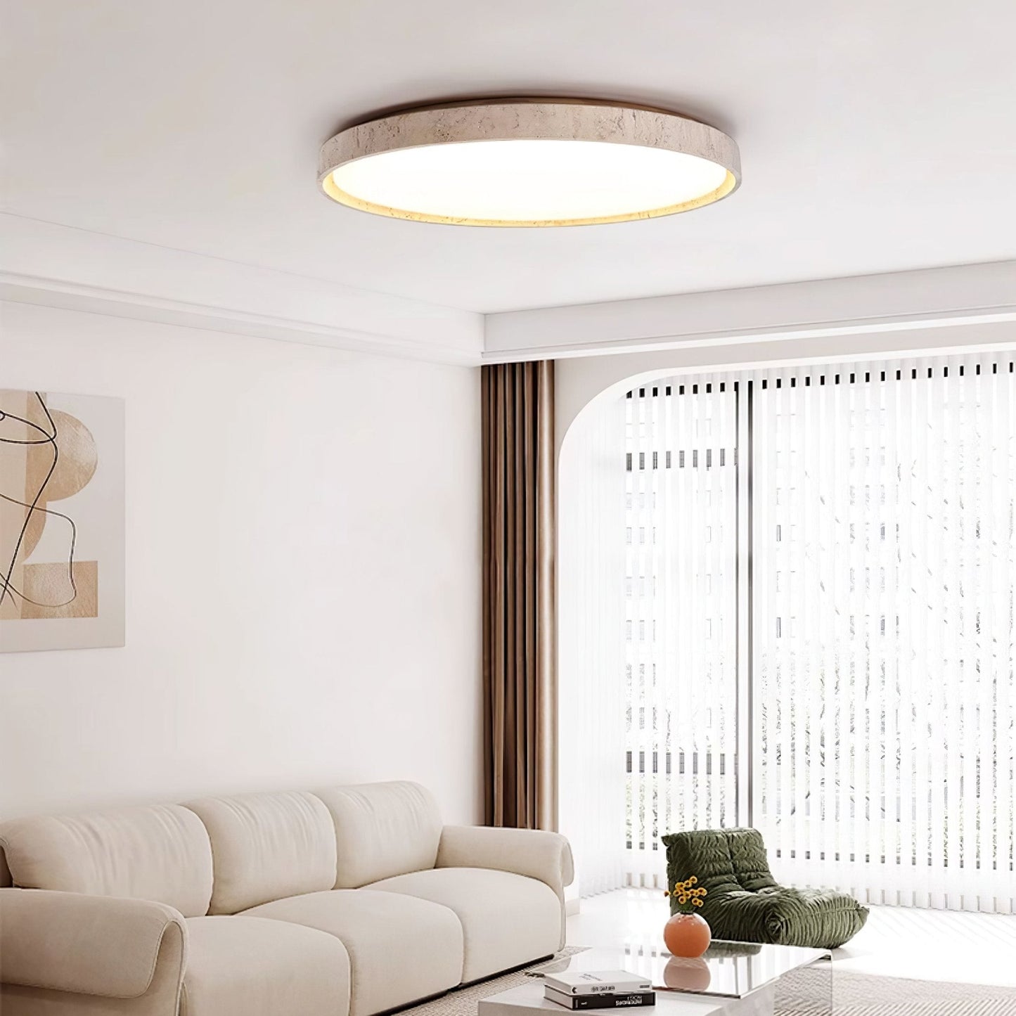 Aeristhos | Minimalist Hand Carved Round Travertine Stone Ceiling Light