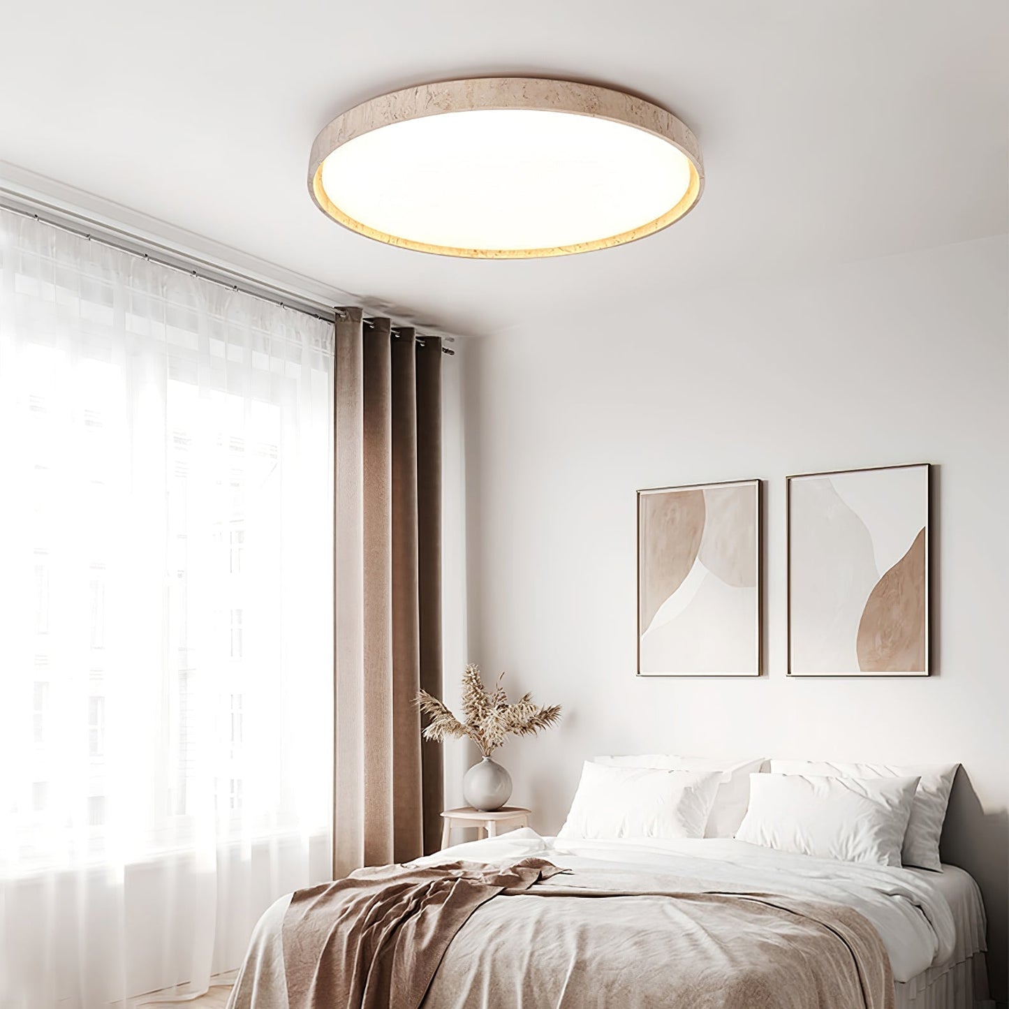 Aeristhos | Minimalist Hand Carved Round Travertine Stone Ceiling Light