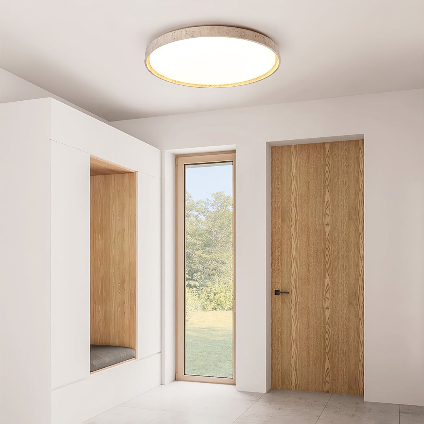 Aeristhos | Minimalist Hand Carved Round Travertine Stone Ceiling Light