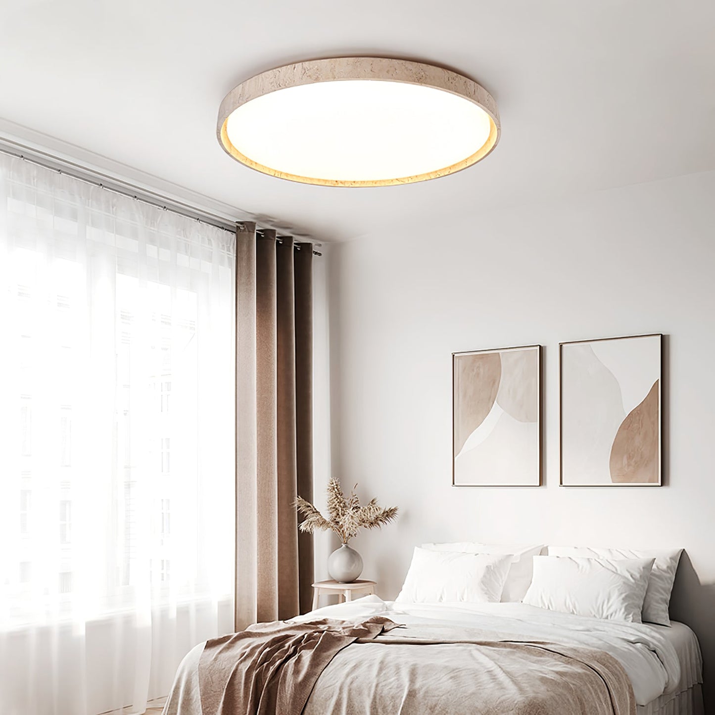 Aeristhos | Minimalist Hand Carved Round Travertine Stone Ceiling Light