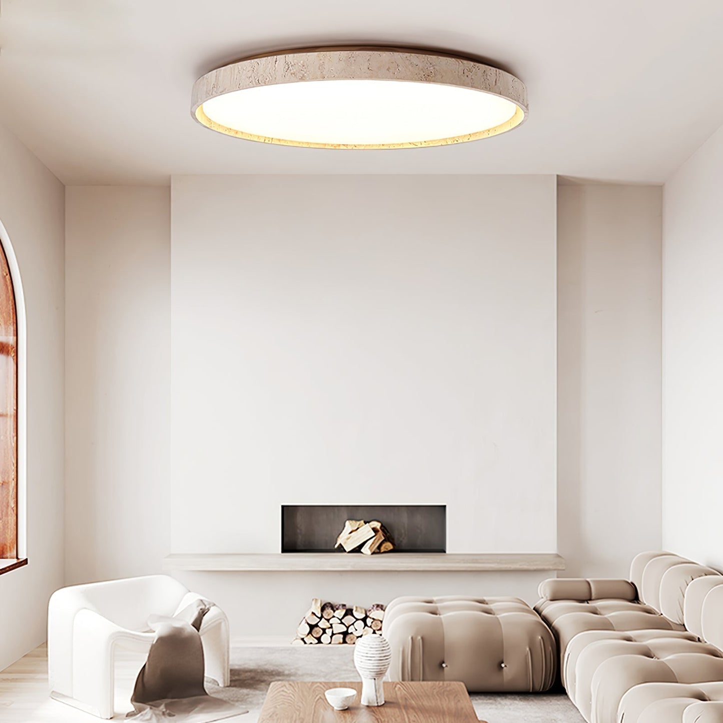Aeristhos | Minimalist Hand Carved Round Travertine Stone Ceiling Light