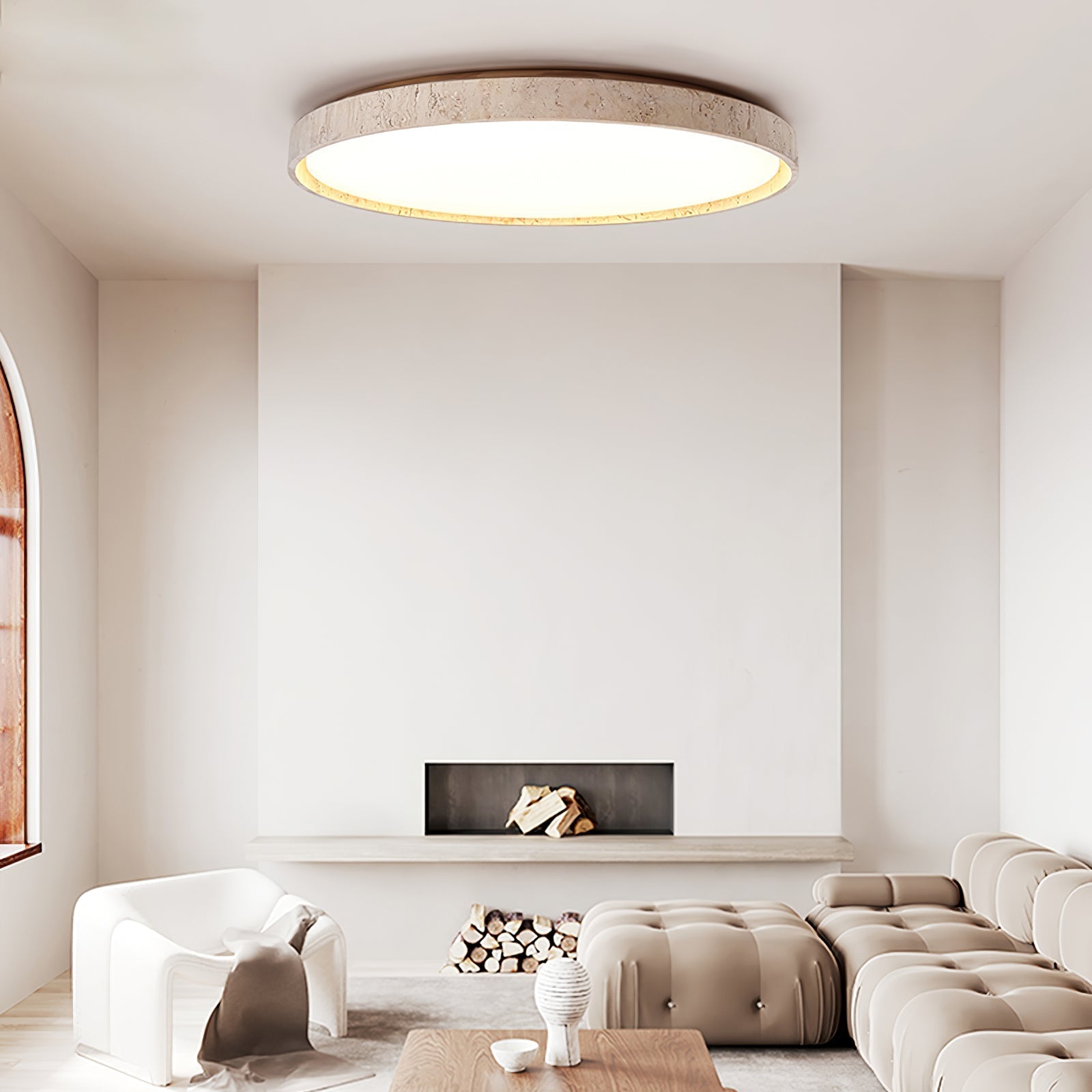 Aeristhos | Minimalist Hand Carved Round Travertine Stone Ceiling Light