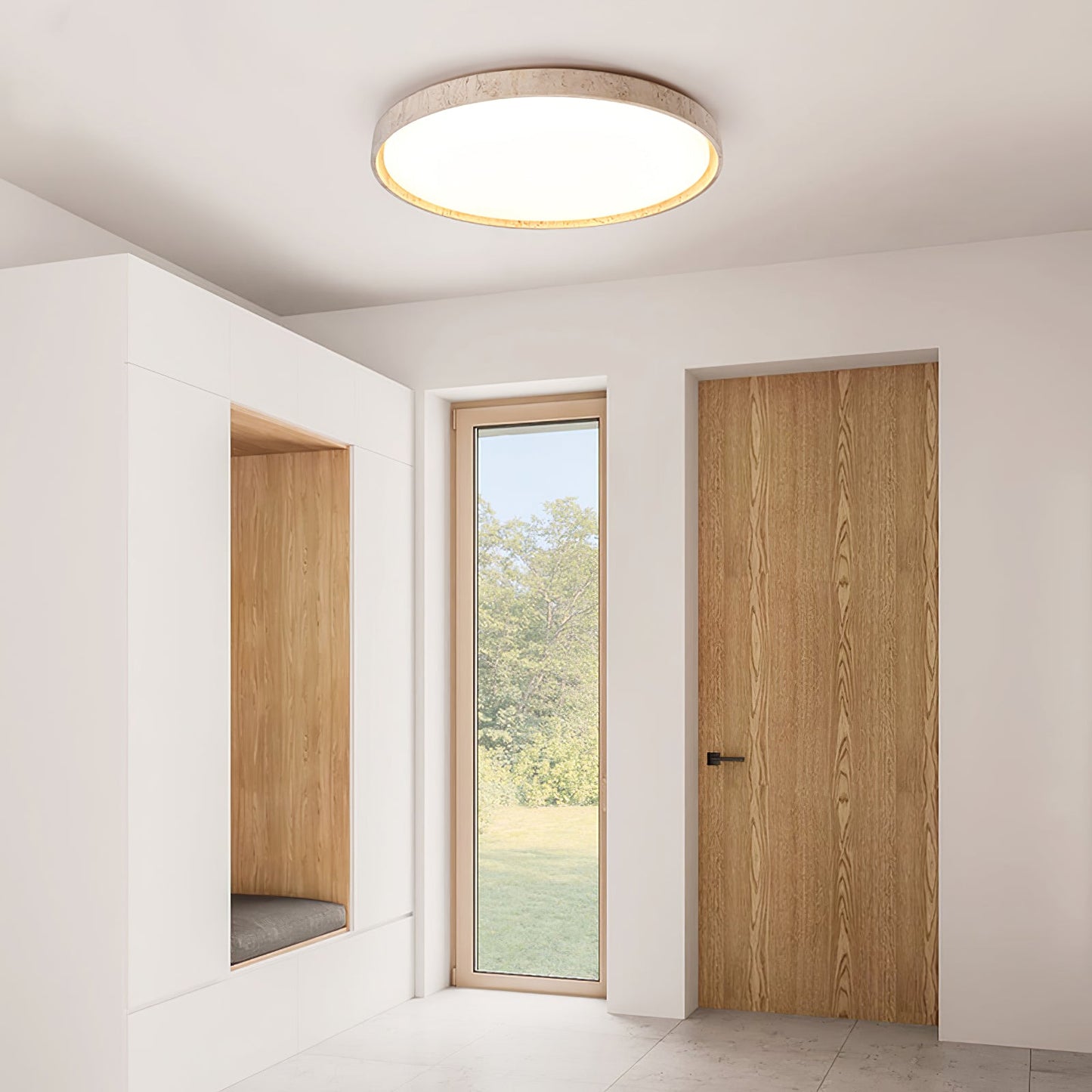 Aeristhos | Minimalist Hand Carved Round Travertine Stone Ceiling Light
