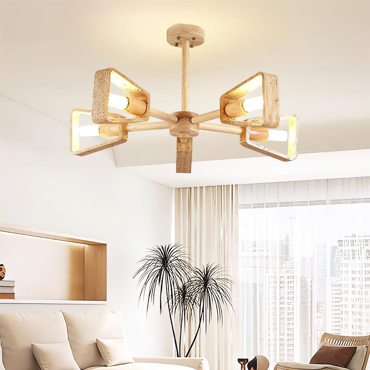 Calidris | Natural Travertine Stone Fan Silhouette Wood Chandelier