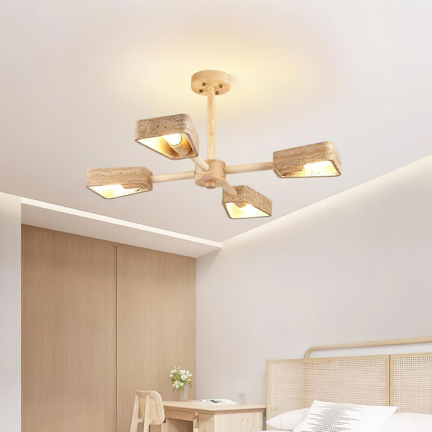 Calidris | Natural Travertine Stone Fan Silhouette Wood Chandelier