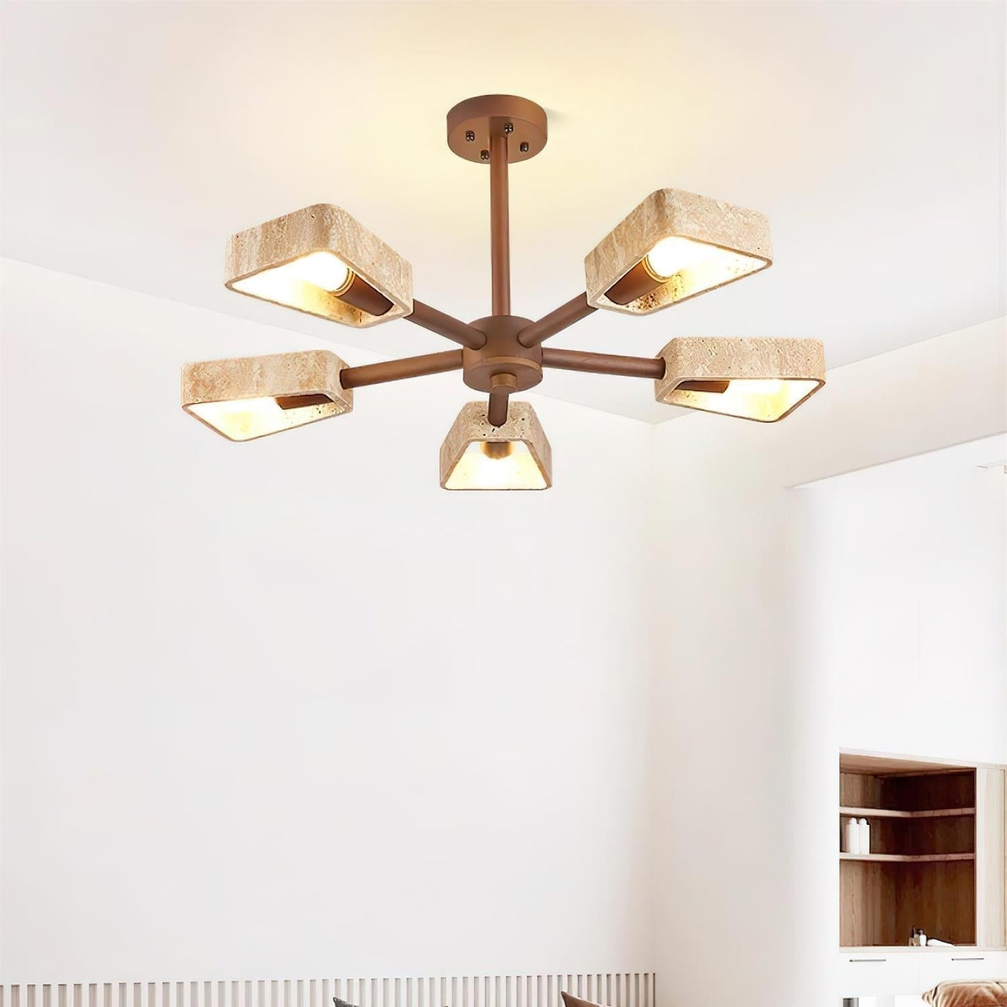 Calidris | Natural Travertine Stone Fan Silhouette Wood Chandelier