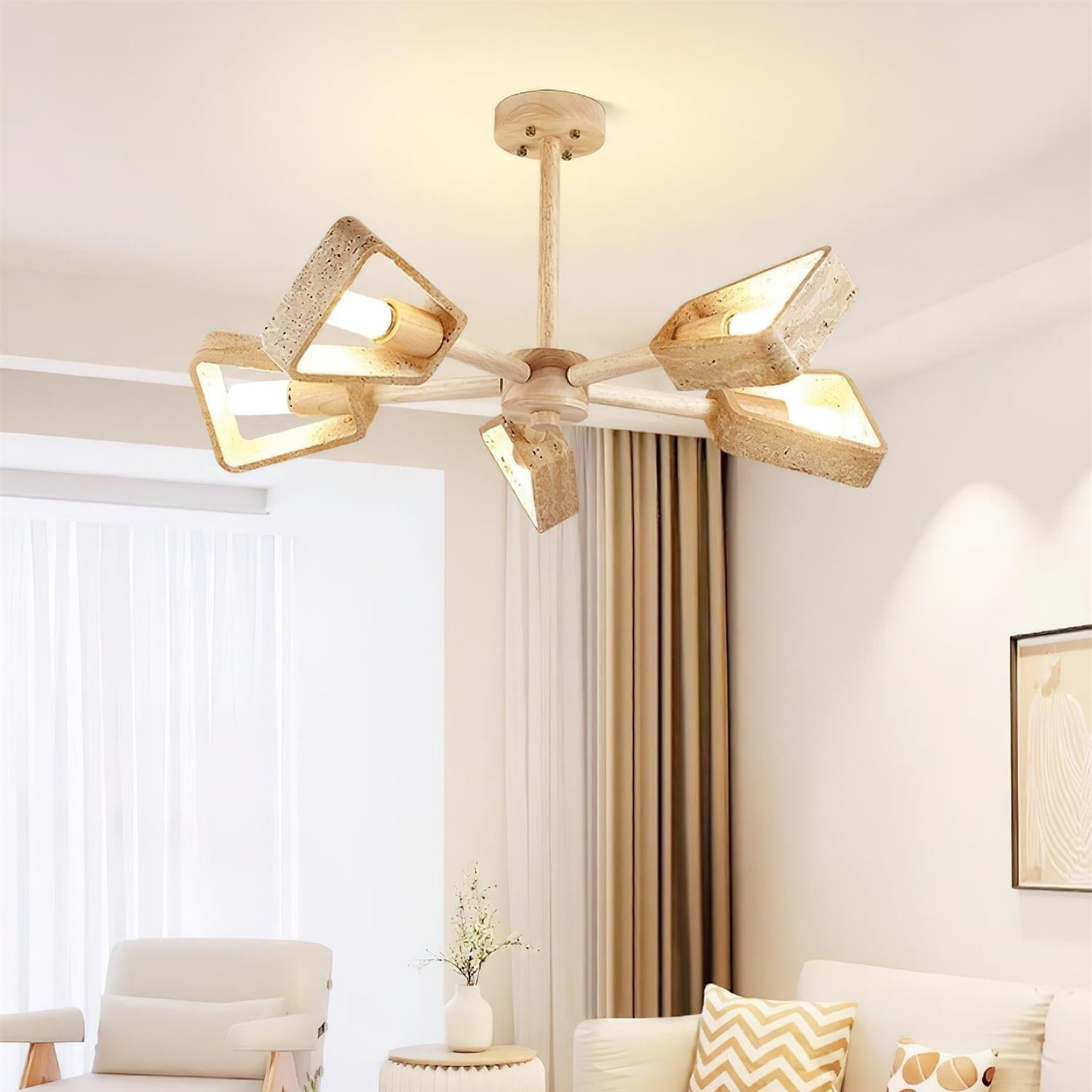 Calidris | Natural Travertine Stone Fan Silhouette Wood Chandelier