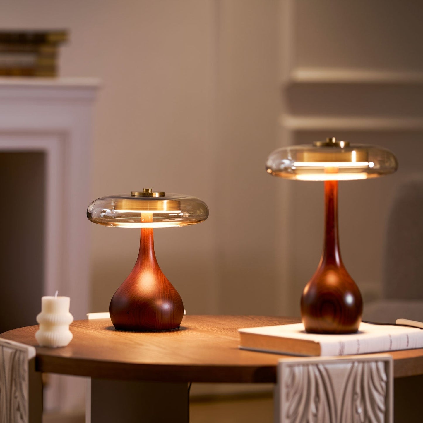 Vancorim | Japandi Curved Wood Amber Glass Table Lamp