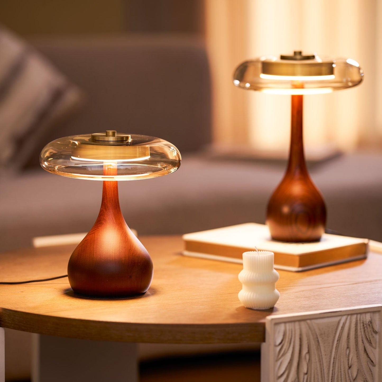 Vancorim | Japandi Curved Wood Amber Glass Table Lamp