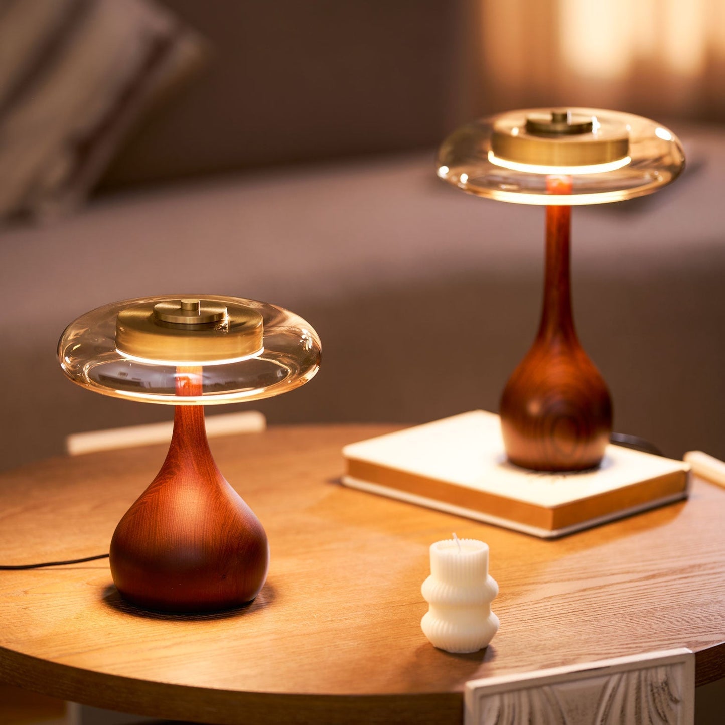 Vancorim | Japandi Curved Wood Amber Glass Table Lamp