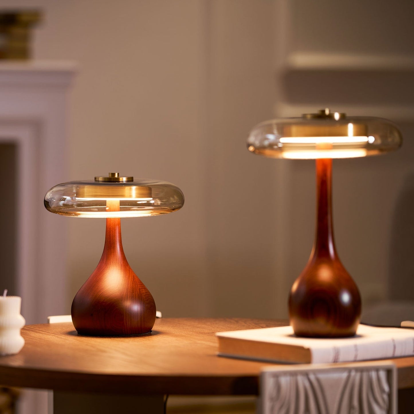 Vancorim | Japandi Curved Wood Amber Glass Table Lamp