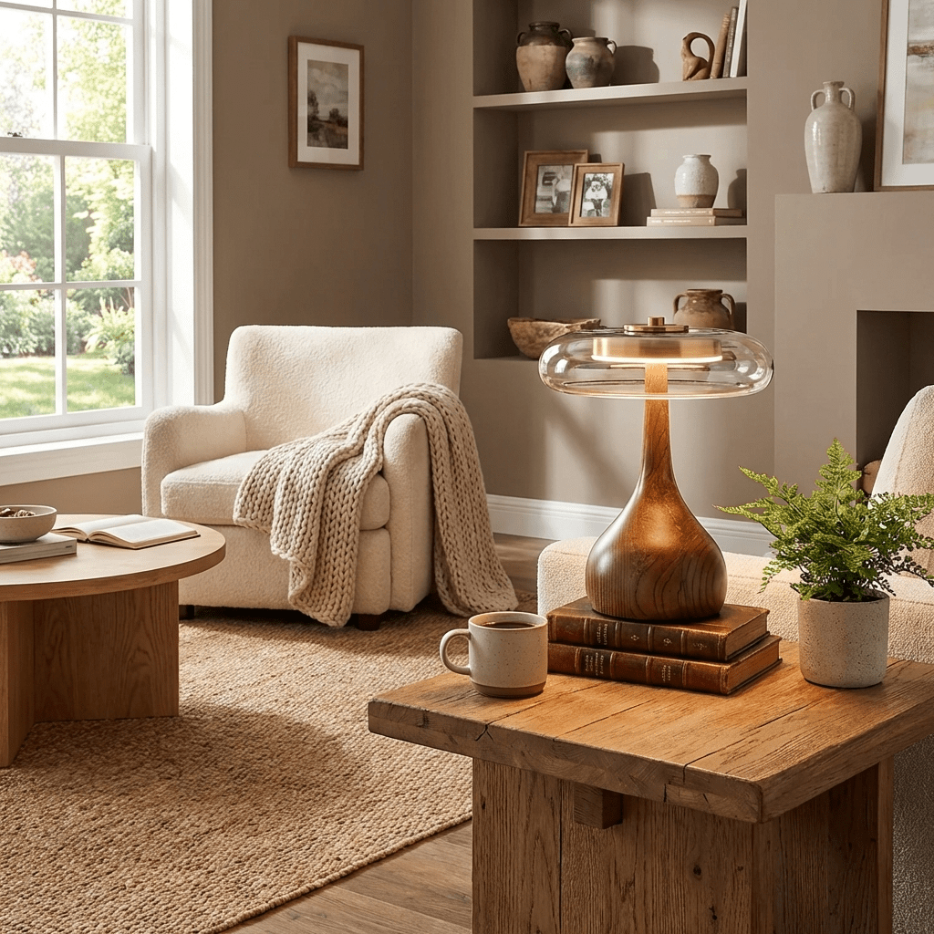 Vancorim | Japandi Curved Wood Amber Glass Table Lamp