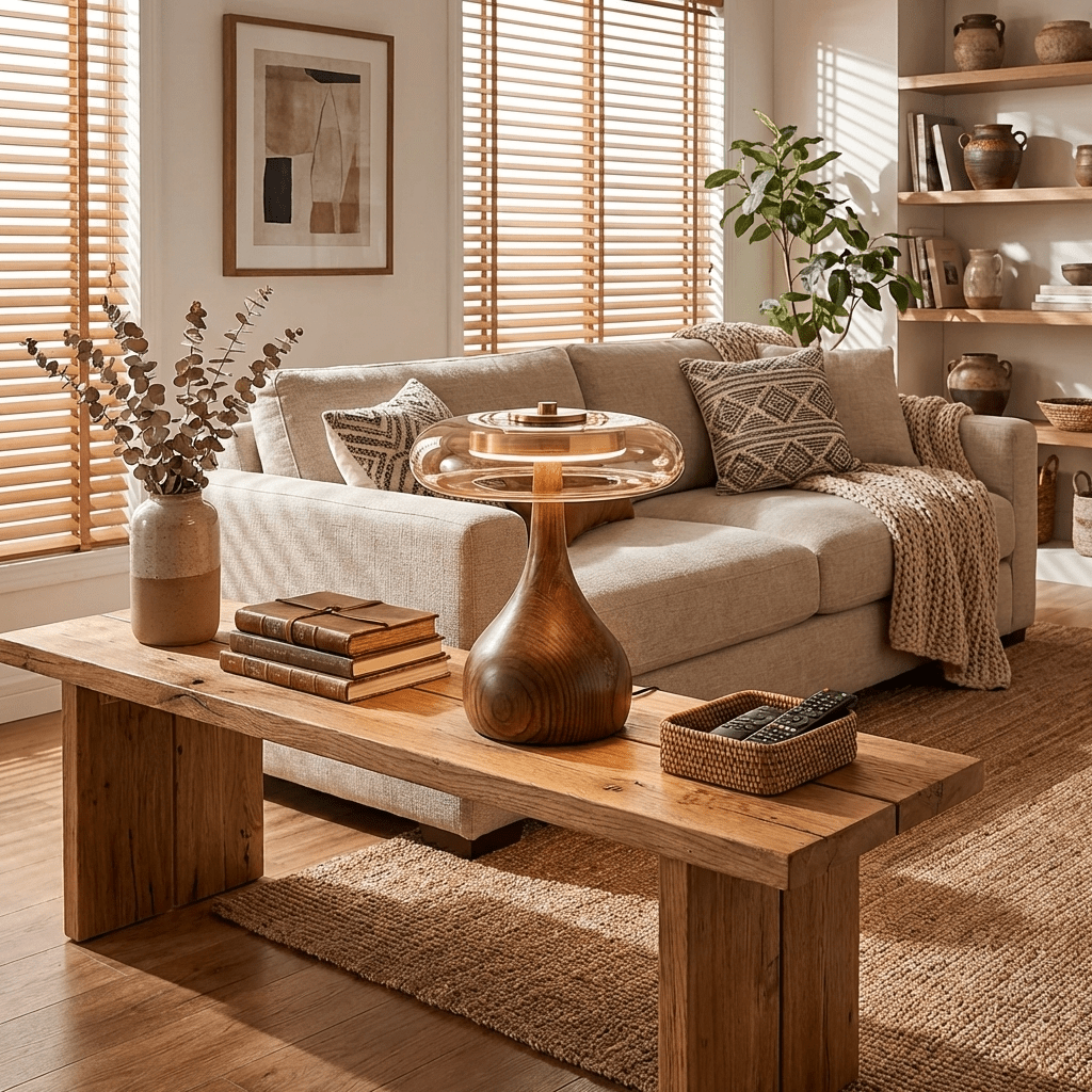 Vancorim | Japandi Curved Wood Amber Glass Table Lamp