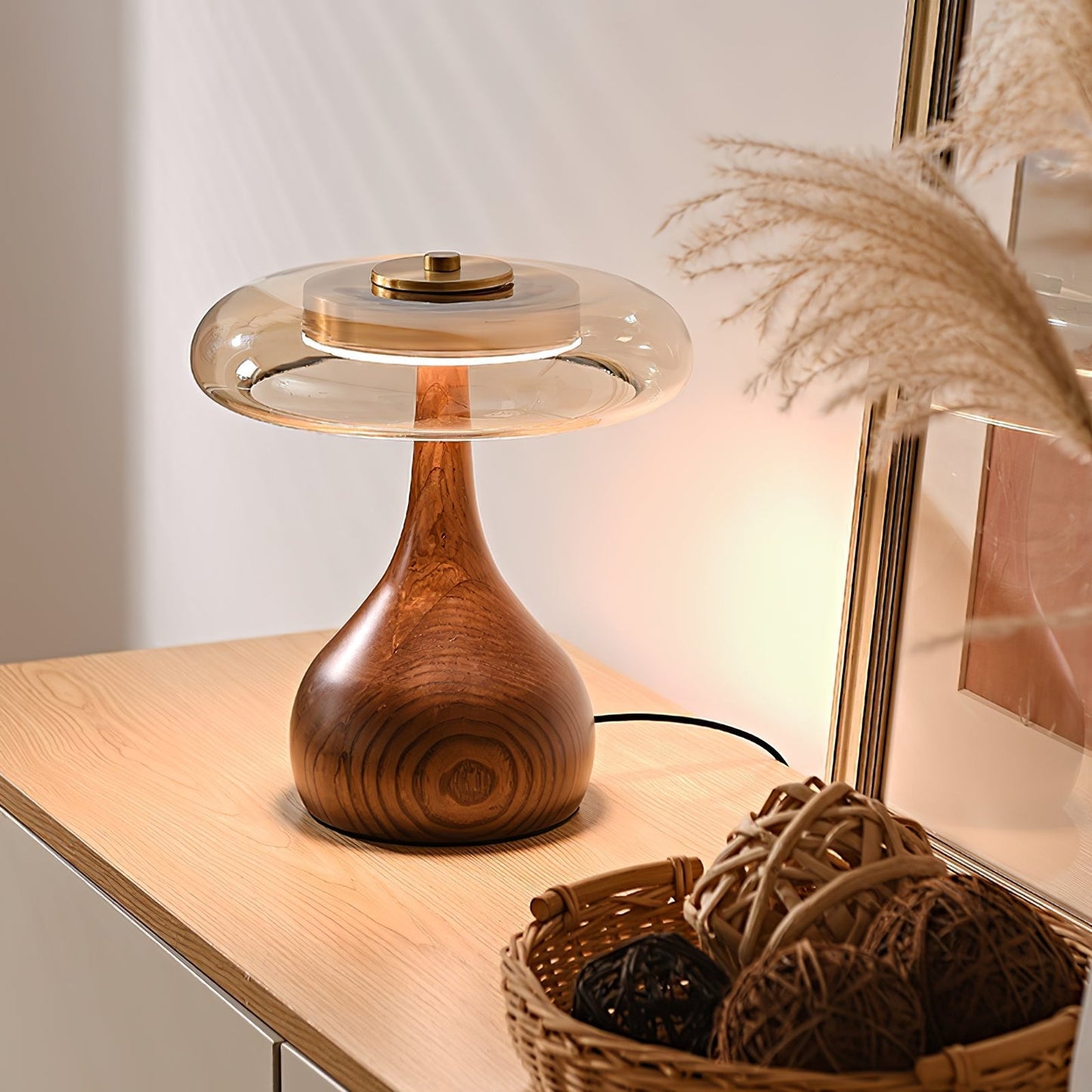 Vancorim | Japandi Curved Wood Amber Glass Table Lamp