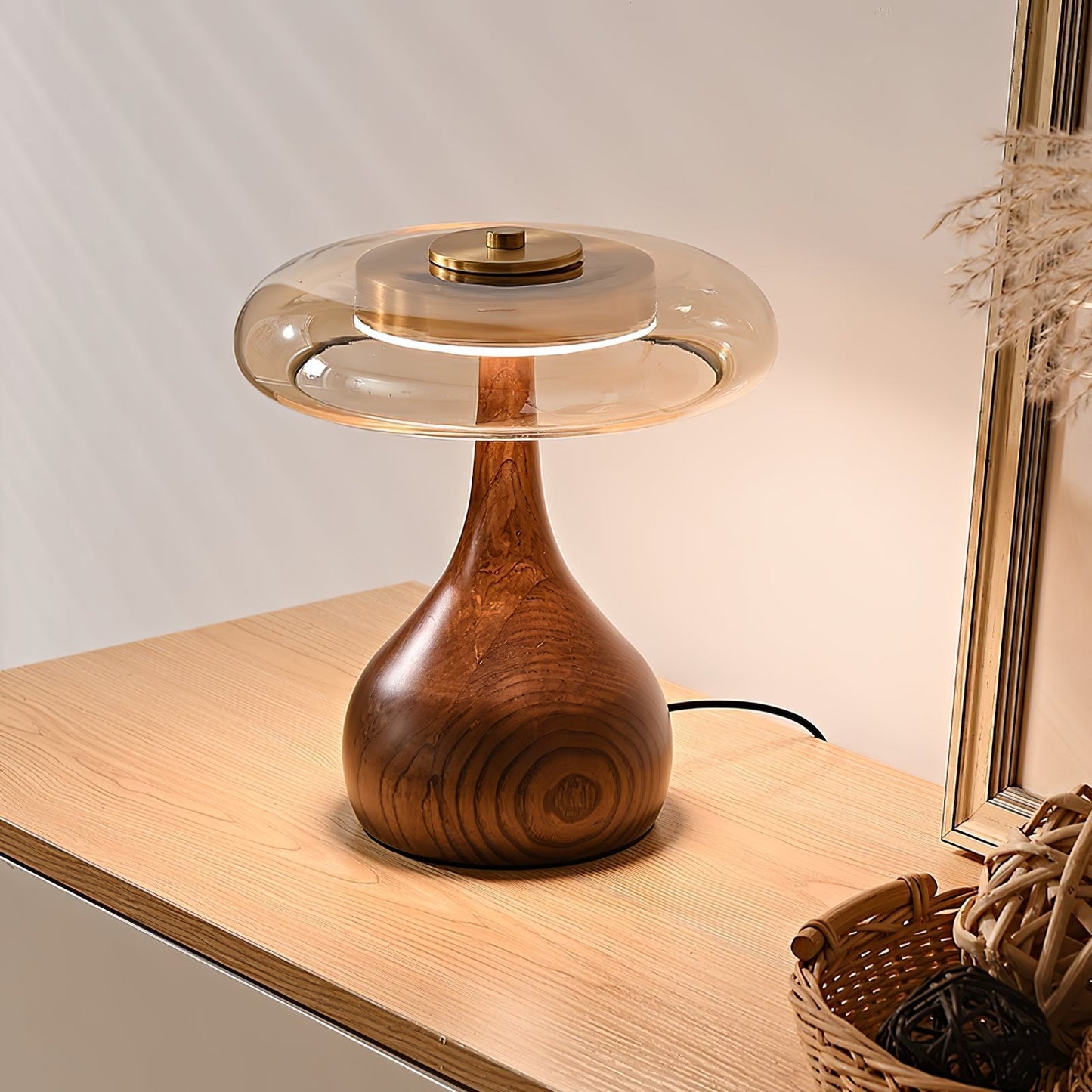 Vancorim | Japandi Curved Wood Amber Glass Table Lamp