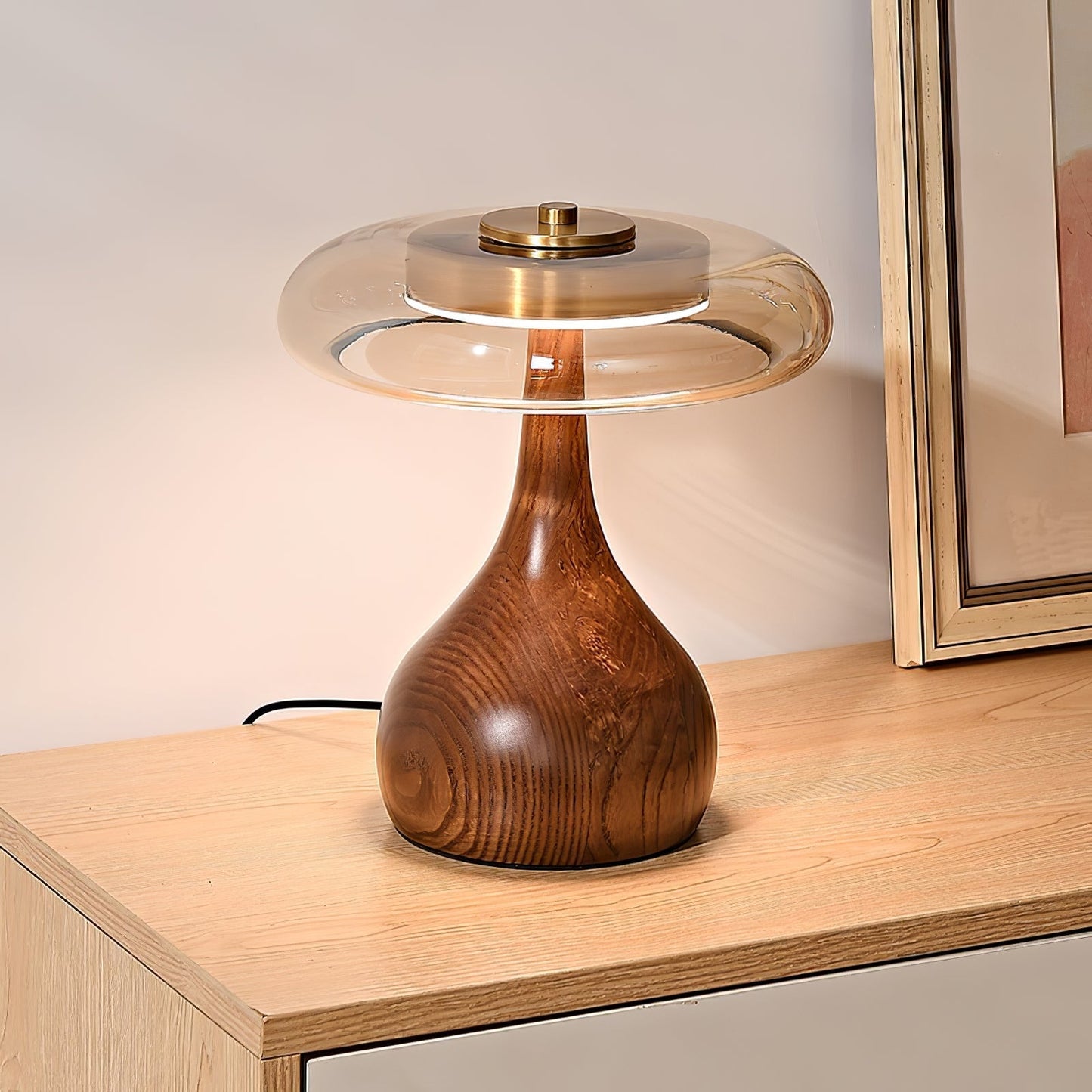 Vancorim | Japandi Curved Wood Amber Glass Table Lamp