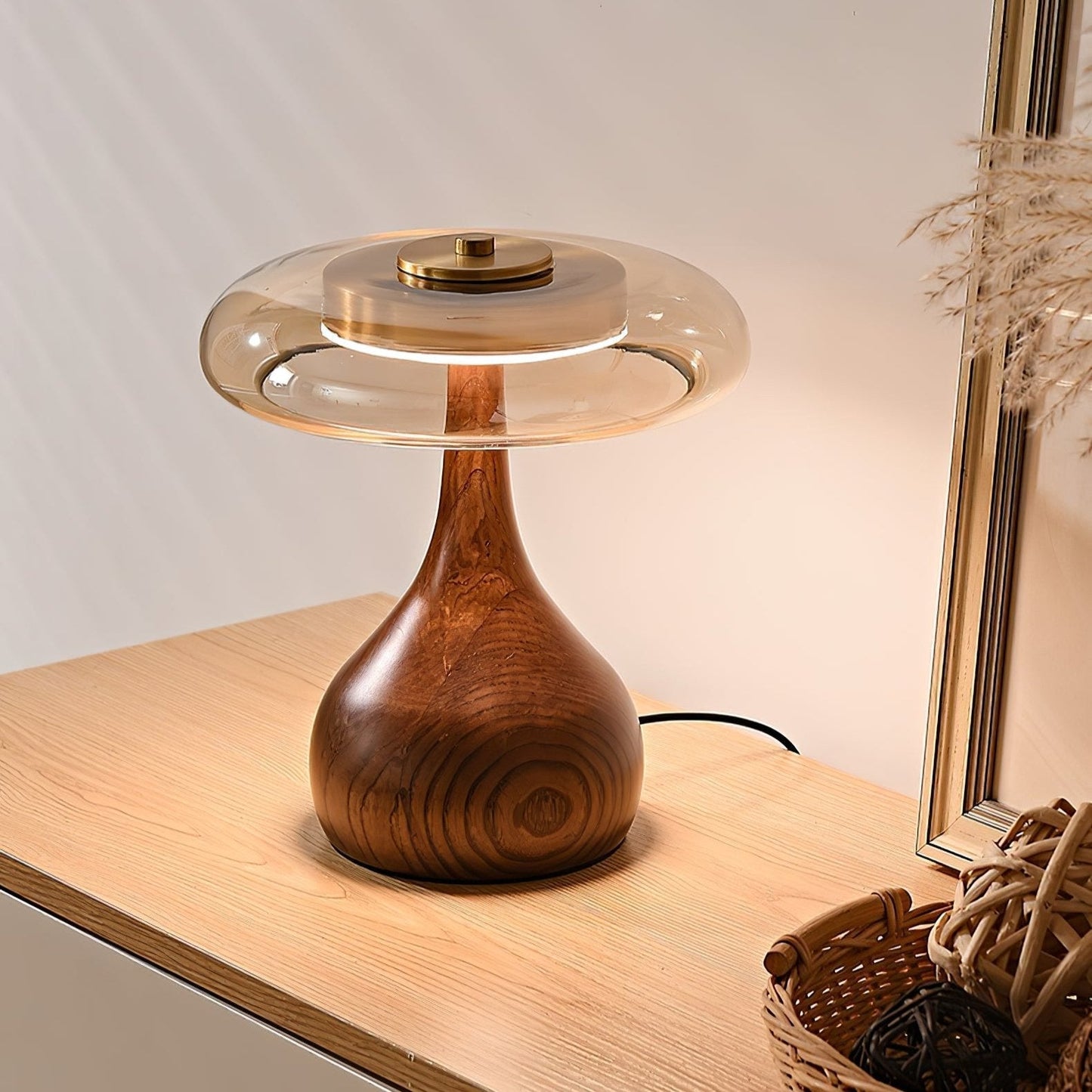 Vancorim | Japandi Curved Wood Amber Glass Table Lamp