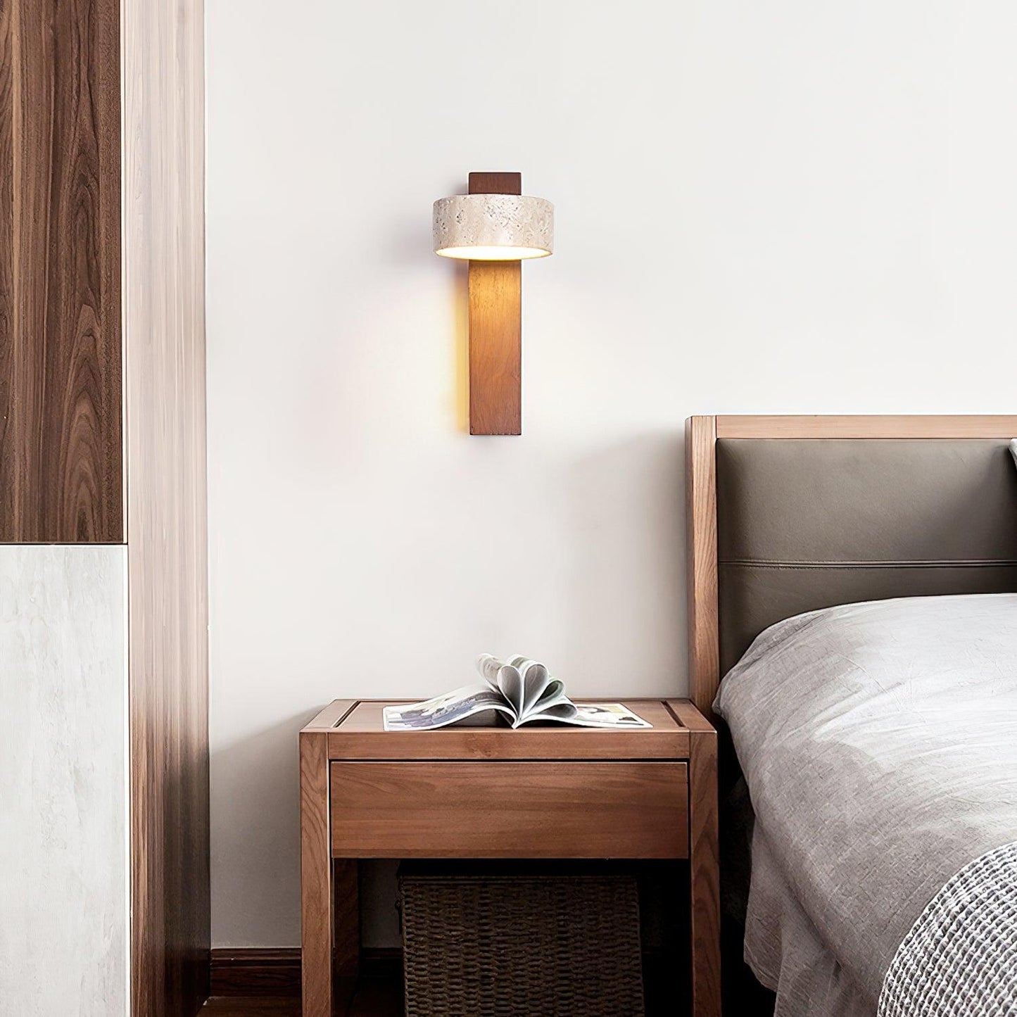 Alnord | Sculptural Travertine Stone And Wood Cantilevered Wall Light