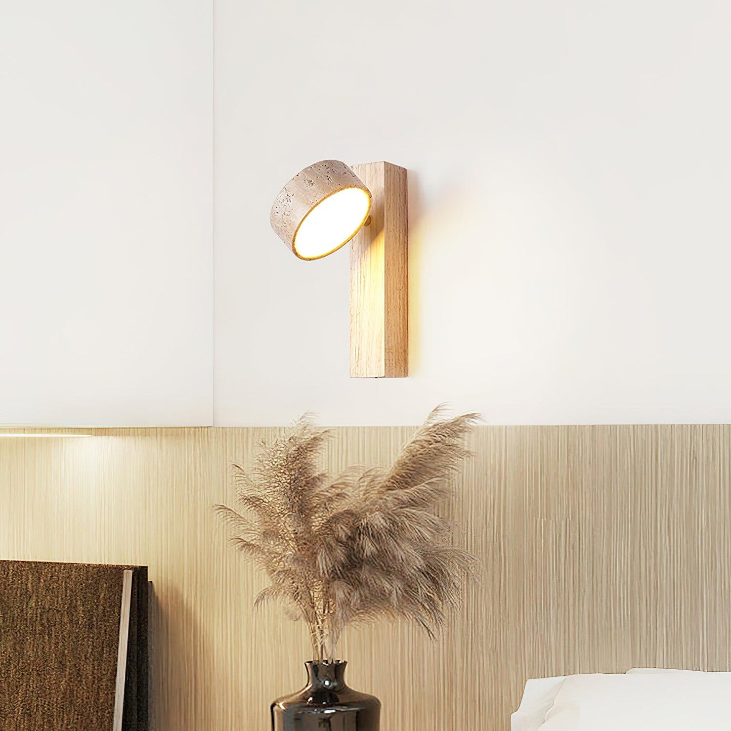 Alnord | Sculptural Travertine Stone And Wood Cantilevered Wall Light