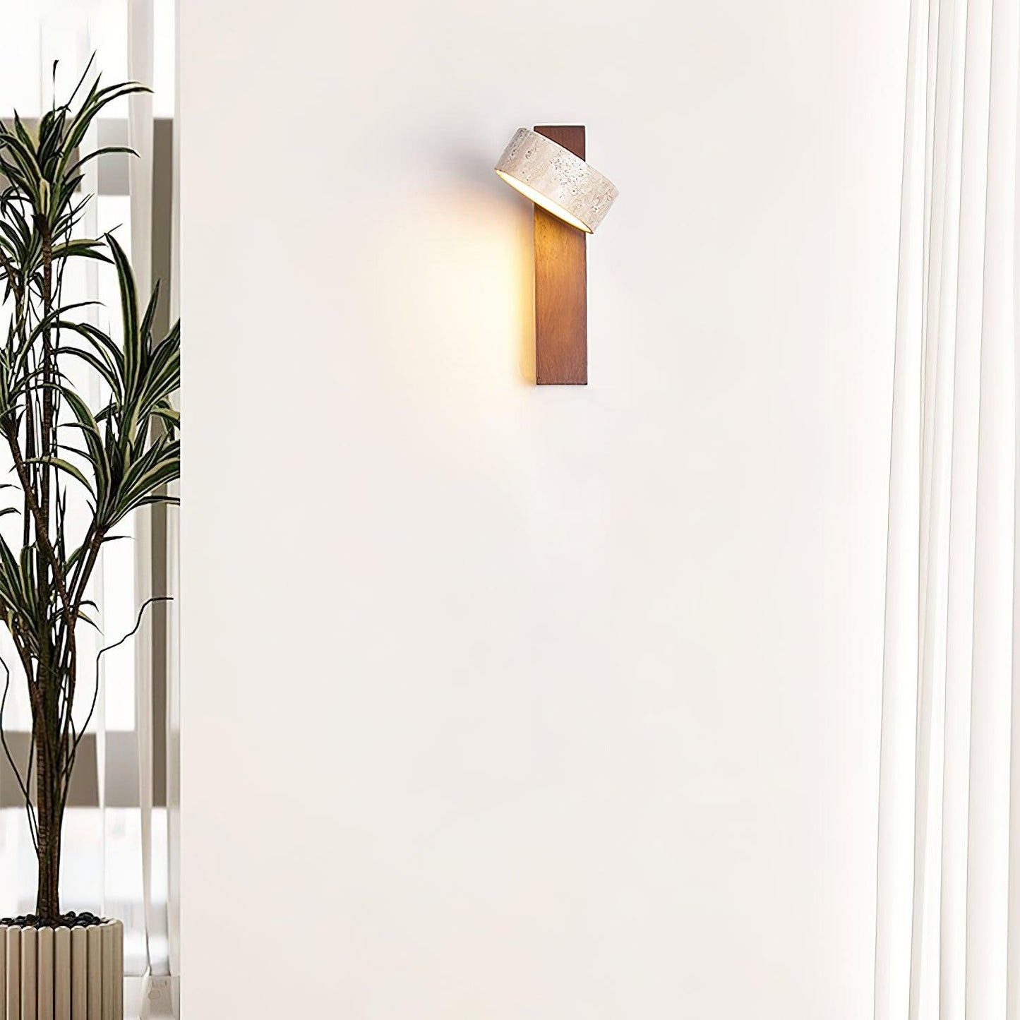 Alnord | Sculptural Travertine Stone And Wood Cantilevered Wall Light