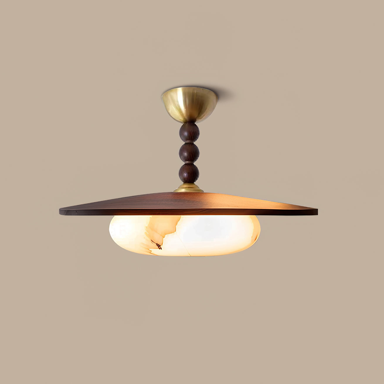 Midthos | Mid Century Wood Alabaster Dome Flush Mount Ceiling Light