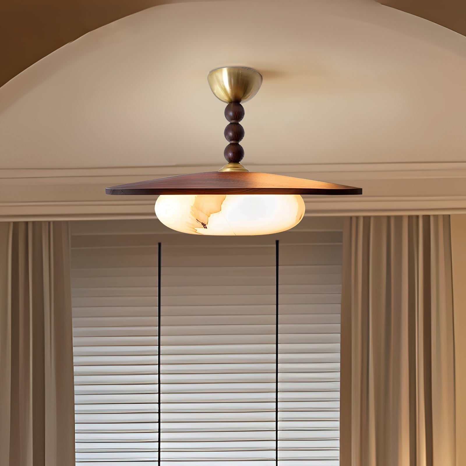 Midthos | Mid Century Wood Alabaster Dome Flush Mount Ceiling Light