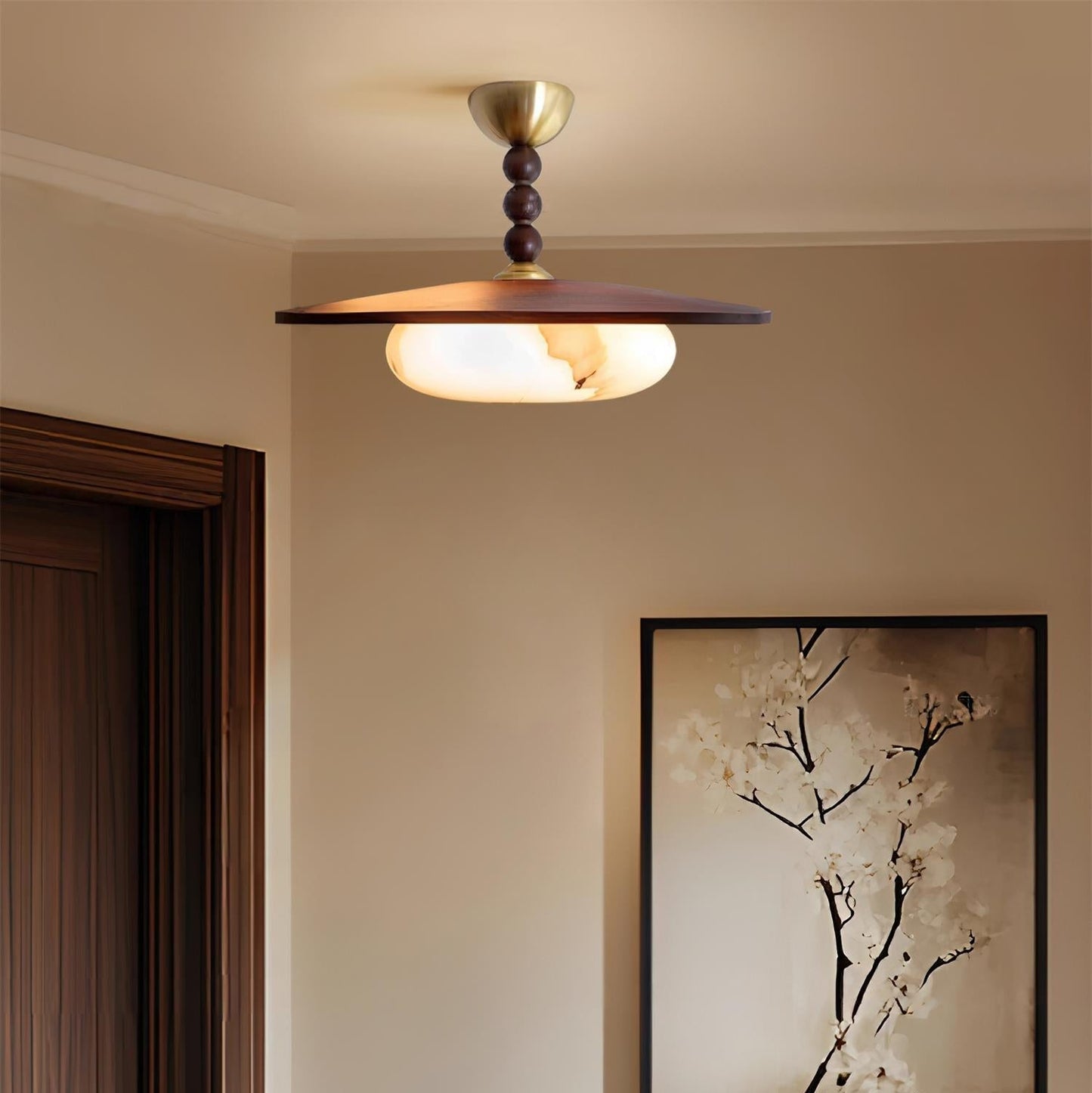 Midthos | Mid Century Wood Alabaster Dome Flush Mount Ceiling Light