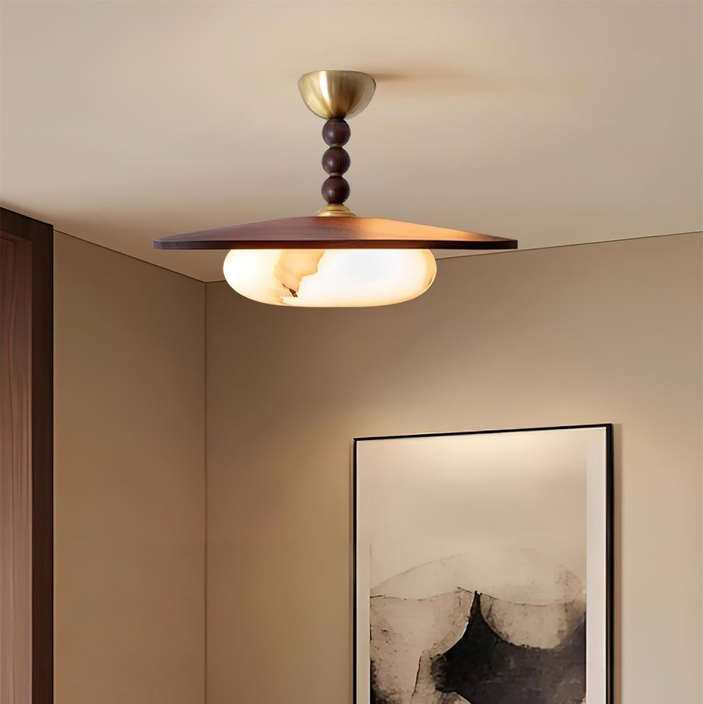 Midthos | Mid Century Wood Alabaster Dome Flush Mount Ceiling Light