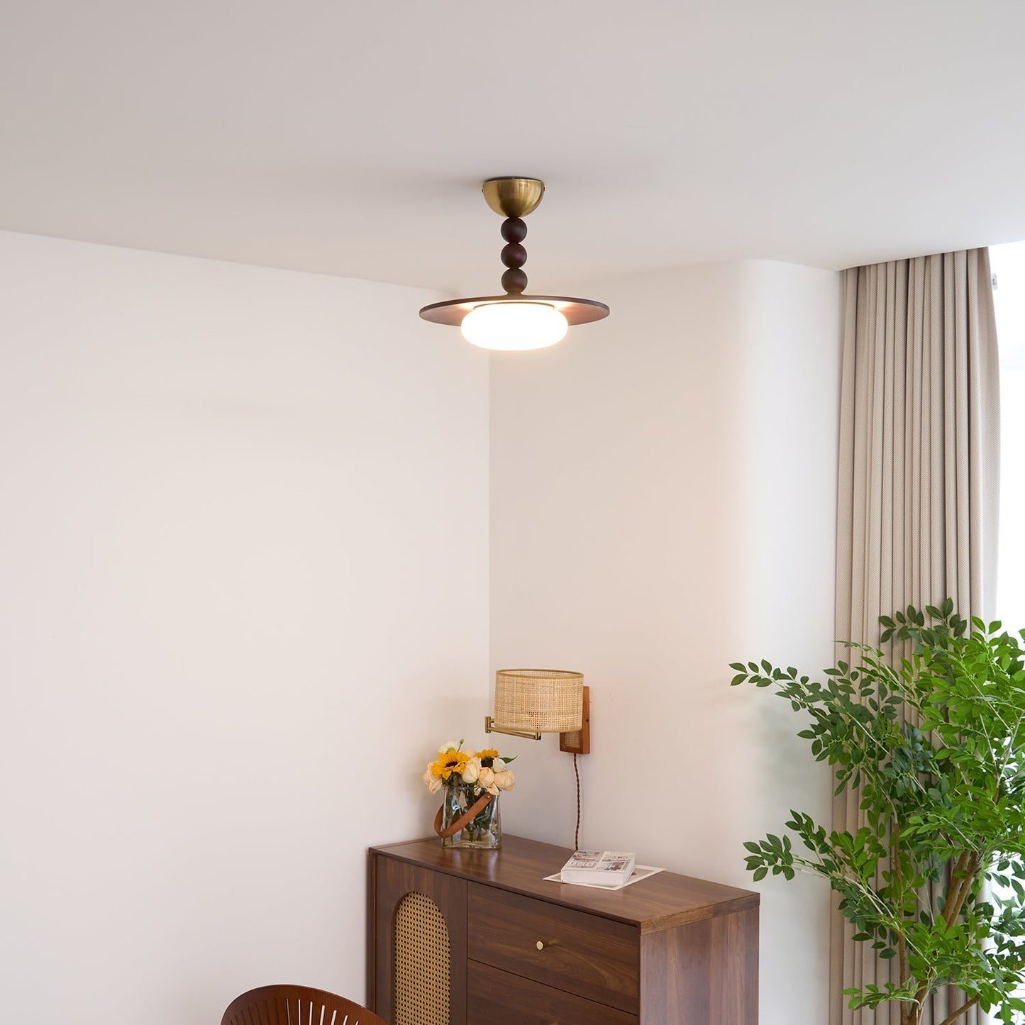 Midthos | Mid Century Wood Alabaster Dome Flush Mount Ceiling Light