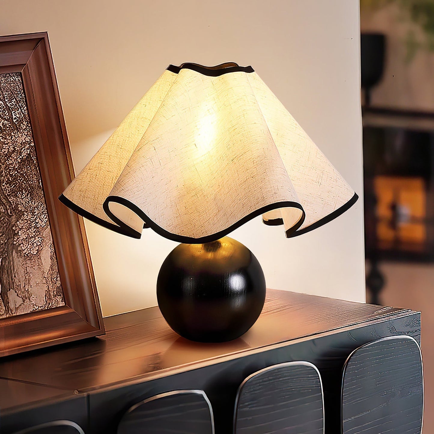 Meriloch | Sculptural Wave Fabric Wooden Base Table Lamp