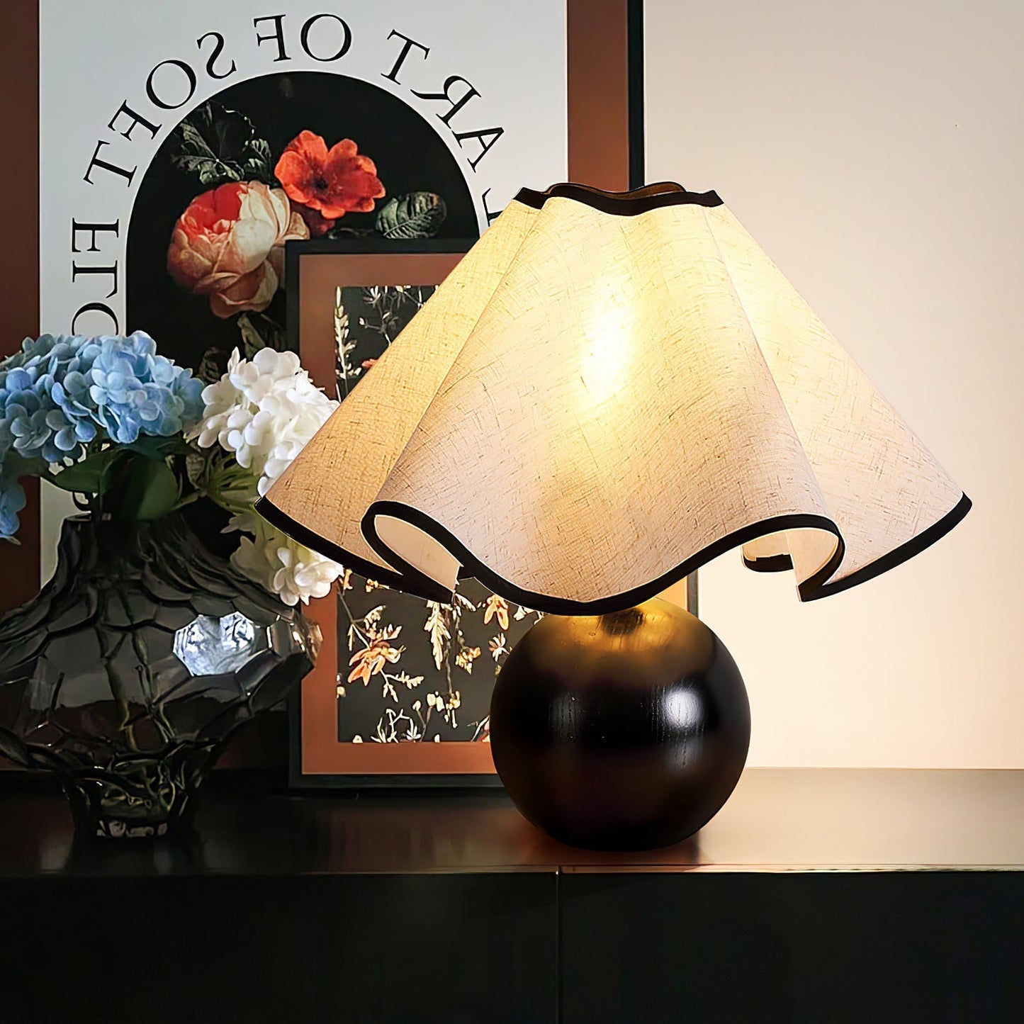 Meriloch | Sculptural Wave Fabric Wooden Base Table Lamp