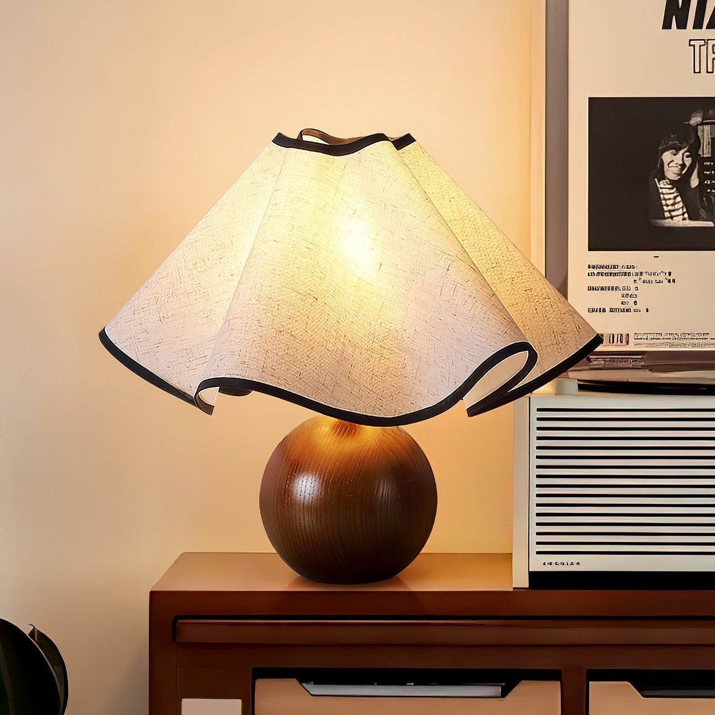 Meriloch | Sculptural Wave Fabric Wooden Base Table Lamp