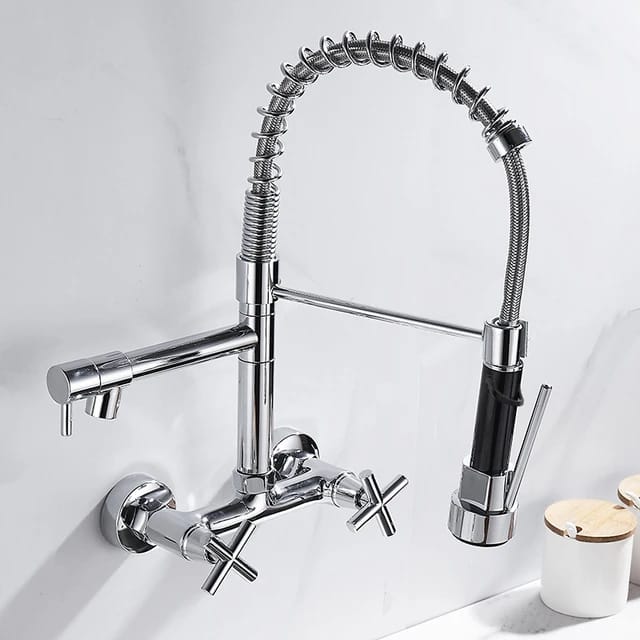 Luxvarke | Industrial Wall Mounted Spring Neck Pull Out Kitchen Mixer Tap with 2 Faucet Holes