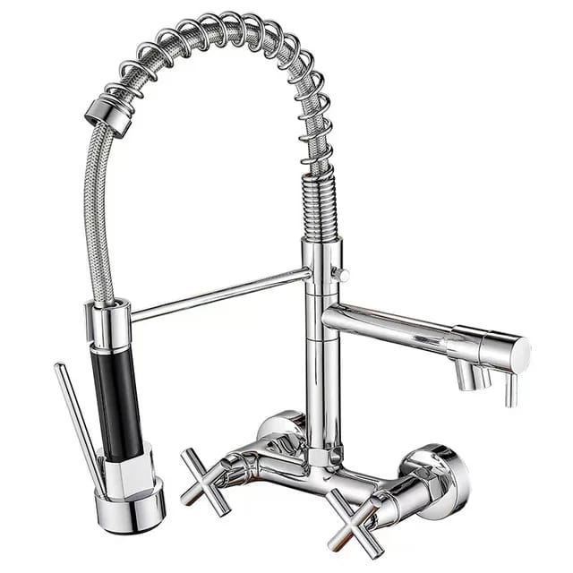 Luxvarke | Industrial Wall Mounted Spring Neck Pull Out Kitchen Mixer Tap with 2 Faucet Holes